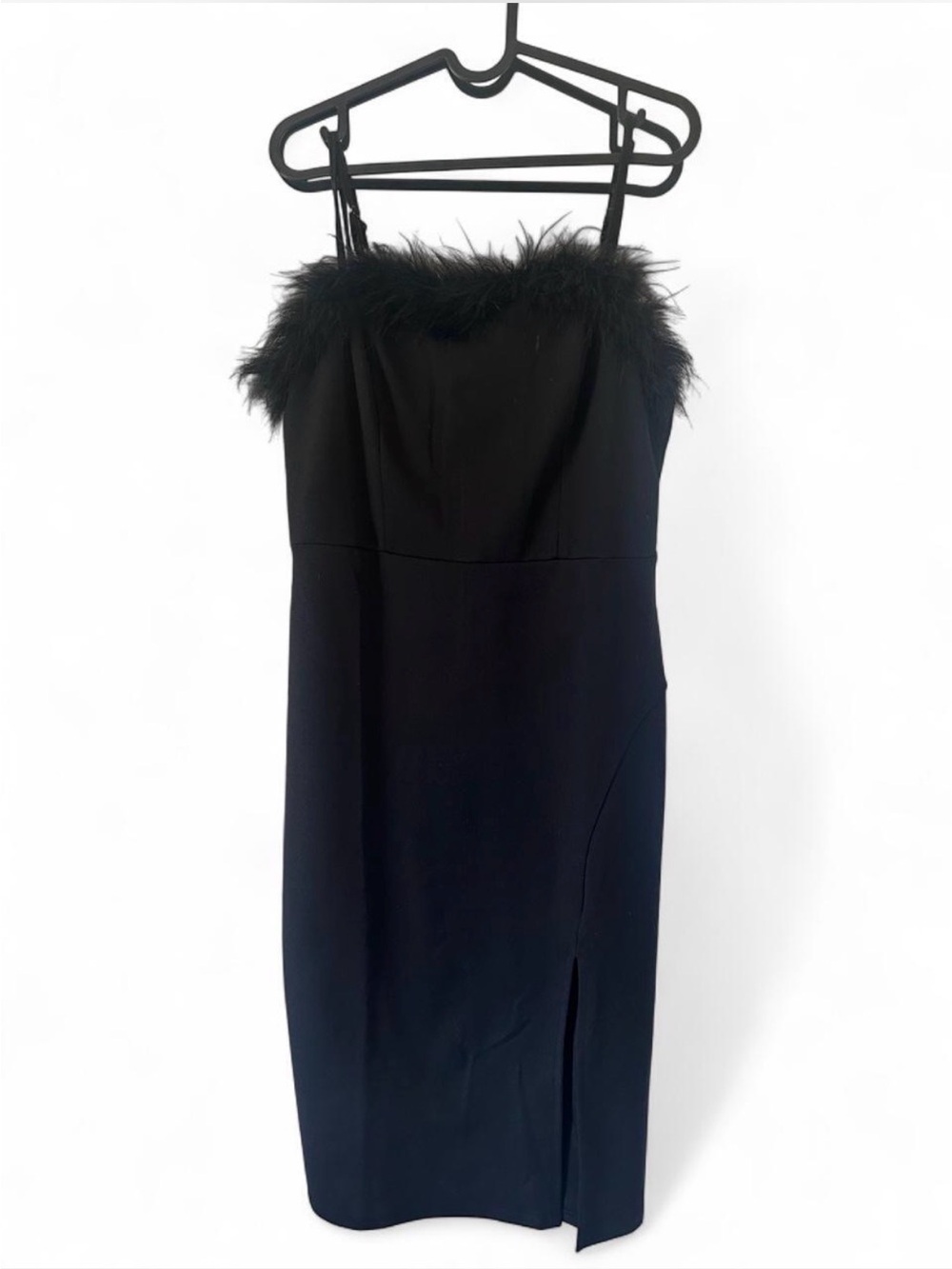 Black Feather-Trim Strapless Sheath Dress